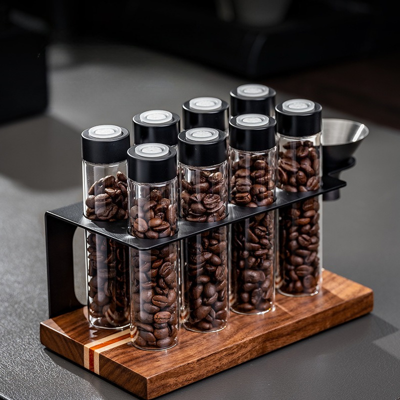 Kitchen Gadgets Organizer - JUSTINLAU Glas-Kaffeebohnen-Aufbewahrungsgläser Luftdicht mit 1-Wege-Ventil Holz-Präsentationsregal